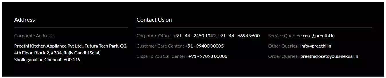 preethi customer care number